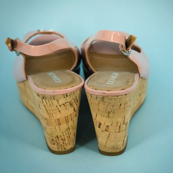 Coach Size 9.5 Ferry Pink Patent Leather Peep Toe Slingback Cork Platform Sandal - Picture 6 of 11